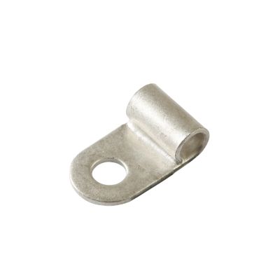 Non-insulated flag ring terminal with a circular hole and cylindrical sleeve, ideal for secure electrical connections.