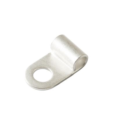 Non-insulated metal flag ring terminal with a circular opening and flat surface, suitable for 8 gauge wire connections.