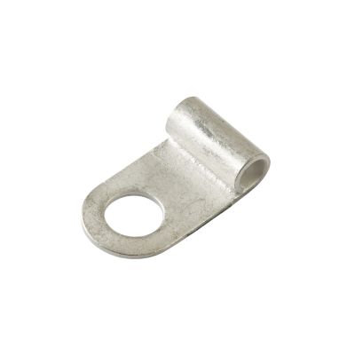 Non-insulated metal flag ring terminal with a hole for a stud connection, suitable for 8-gauge wire applications.