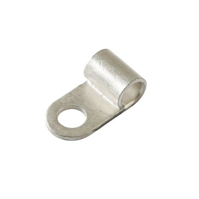 Non-insulated flag ring terminal with hole for stud connection, designed for 6 gauge wire applications.