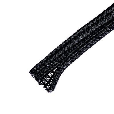 Flame retardant braided sleeve, flexible and self-wrapping, designed for cable management and protection.