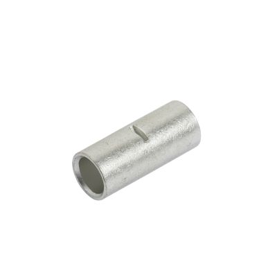 Metal non-insulated butt connector with a solid barrel design, used for electrical cable connections.