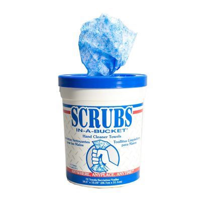 Blue-lidded bucket of Scrubs-in-a-Bucket hand cleaner towels with one towel ready for use.