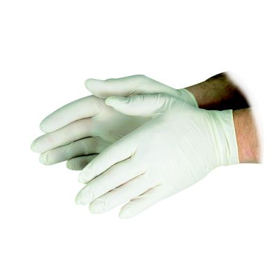 Powder-free large latex gloves from ULINE, ideal for various tasks, shown in a 100 count box, offering comfort and durability.