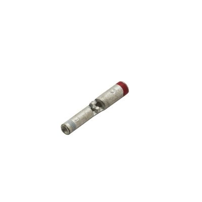 Non-insulated step-down butt connector with red and silver ends, highlighting its dual-gauge capability.
