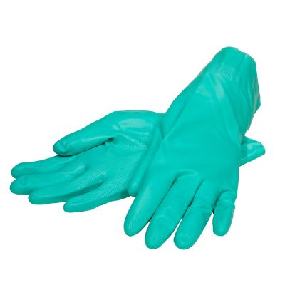 Green nitrile heavy-duty gloves with extended cuffs, displayed with palms and fingers clearly visible, in extra-large size.