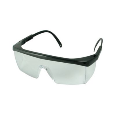 Traditional safety glasses with clear lenses and a black frame, designed for protective eyewear in various work environments.