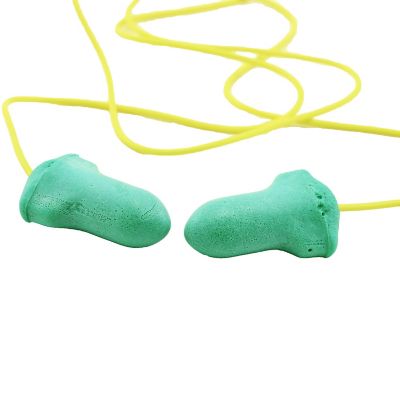 Green ear plugs with yellow cord, designed for comfort, featuring a high noise reduction rating.