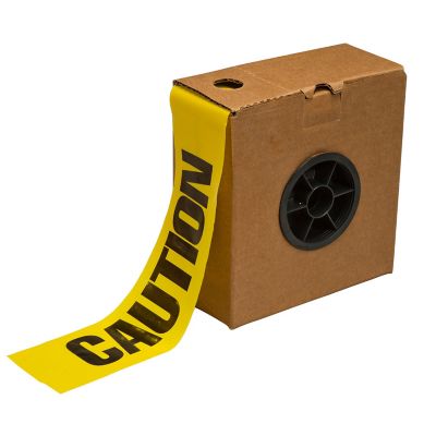 Yellow caution tape with bold text, dispensed from a brown box with a built-in spool, ideal for marking hazardous areas.