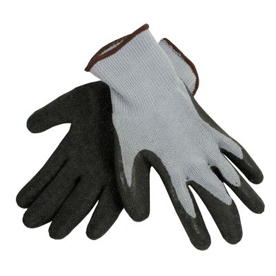 Protective gloves with black textured grip and gray knit back, ideal for safety and handling chemicals.