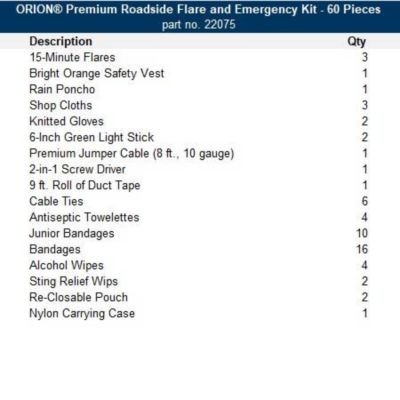 Emergency kit contents include flares, safety vest, jumper cables, gloves, duct tape, poncho, and first aid supplies in a compact case.