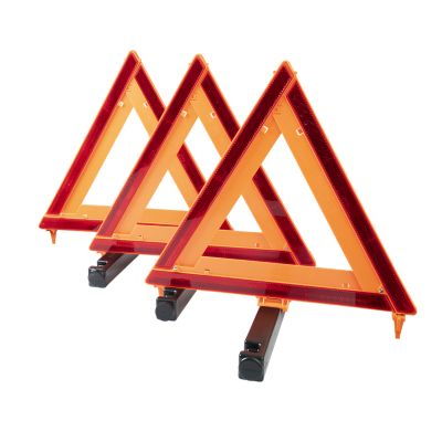 Three ORION reflective triangles in a line, DOT compliant safety markers for roadside emergencies.