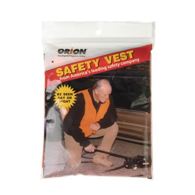 ORION¬Æ Orange Non-Reflective Safety Vest packaging with man wearing vest and text promoting visibility for day or night use.