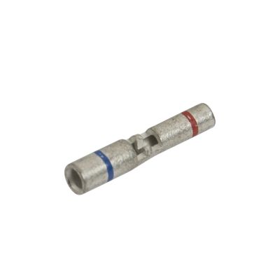 Non-insulated step-down butt connector with red and blue markings for wire joining.