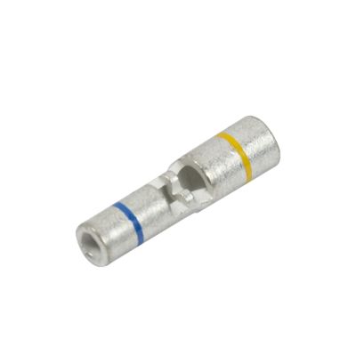 Silver non-insulated step-down butt connector with yellow and blue markings, suitable for wire gauge 16-14/12-10.