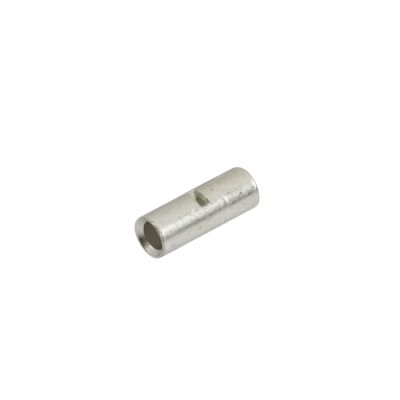 Non-insulated butt connector with brazed barrel, ideal for electrical wire connections, silver metal finish.