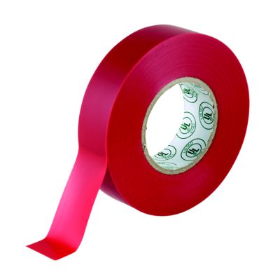 Red vinyl color coding tape roll, used for electrical and crafting purposes, displayed with a partially unrolled end.