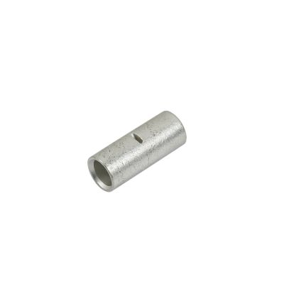 Non-insulated butt connector with brazed barrel, shown in metallic finish for electrical wiring applications.
