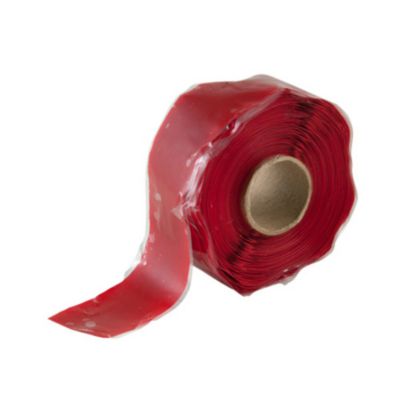 Red self-fusing silicone tape roll, ideal for sealing and insulating tasks, with a glossy finish and flexible texture.