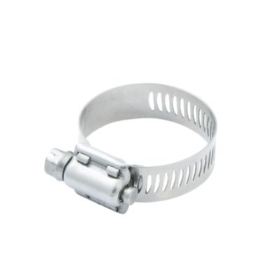 Stainless steel hose clamp with micro 5/16" band, adjustable and durable for secure connections in various applications.
