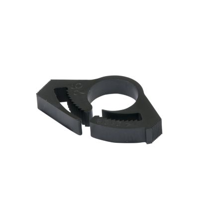 Black nylon hose clamp, Heyco 2310, featuring a circular design with interlocking teeth. Ideal for secure cable management.