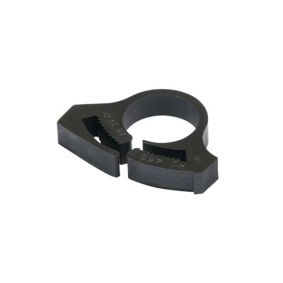 Black Heyco 2314 nylon hose clamp with a circular design and interlocking teeth, used for securing hoses.