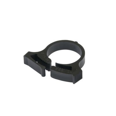 Black nylon hose clamp, Heyco 2322, with adjustable diameter, designed for securing hoses effectively.