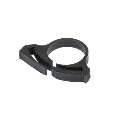 Black Heyco 2326 nylon hose clamp, adjustable with serrated edges for secure grip.