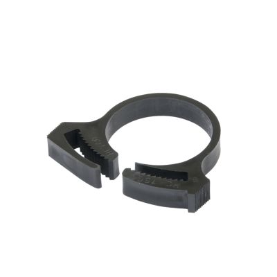 Black Heyco 2330 nylon hose clamp with adjustable diameter, featuring a durable, easy-to-use design for secure fittings.