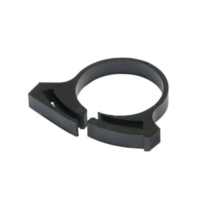 Black Heyco 2334 nylon hose clamp showcasing serrated edges and a circular design. Suitable for securing hoses.