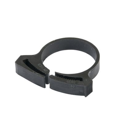 Black nylon hose clamp, Heyco 2342, with a textured surface and adjustable design for secure fit.