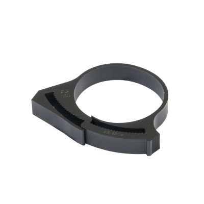 Black nylon hose clamp by Heyco with adjustable serrated edges, ideal for securing hoses and cables.