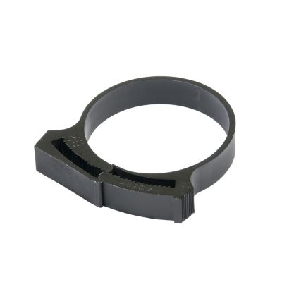 Black nylon hose clamp with adjustable circular design and ridged edges.