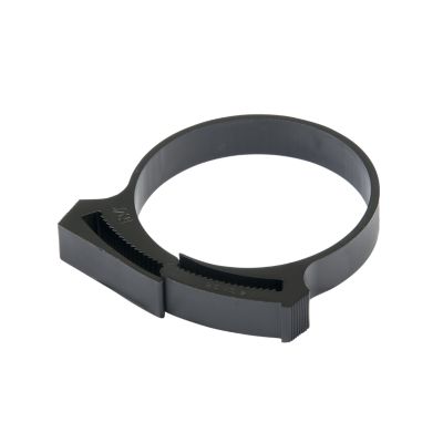 Black nylon hose clamp, flexible and durable, designed for securing hoses within a specified diameter range.