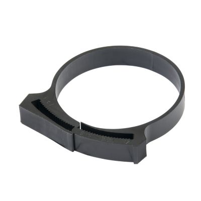 Black nylon hose clamp with adjustable diameter for secure fastening, featuring a sleek design and durable construction.