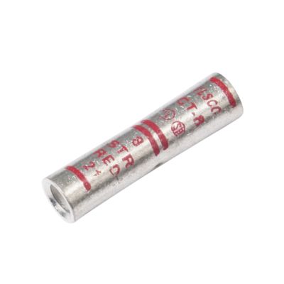 Copper compression splice by FTZ Industries, featuring red markings and suitable for 8 gauge applications.