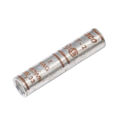 Copper compression splice by FTZ Industries in brown, labeled for 2 Ga wire applications.