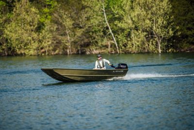 Fisherman on Lowe 1852 MT Jon Boat with Tiller Steering, Port View, Boat Anchored on Lake