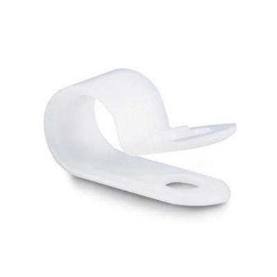 White natural cable clamp with a rounded shape, designed for secure fastening and organization of cables and wires.