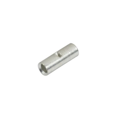 Non-insulated solid barrel metal butt connector designed for 12-10 gauge wire connections, showcasing durable construction.