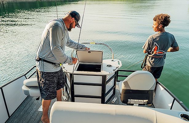 Father and Son Fishing on Lowe SF Pontoon Boat with Livewell, Boat Anchored