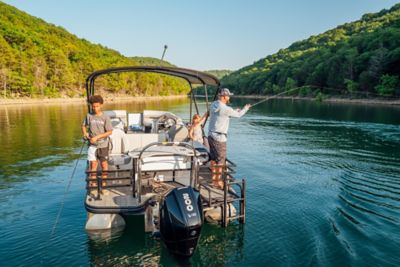 Father Fishing on Lowe Pontoon Boat with Son and Daughter, Stern View, Boat Anchored