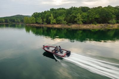 Fisherman Standing on Lowe Aluminum Bass Fishing Boat, Starboard View
