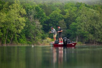 Man Standing and Casting on Lowe Stinger 8 Bass Fishing Boat