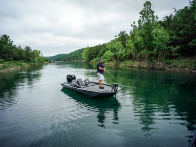 Fisherman Standing on Lowe Stinger Bass Fishing Boat