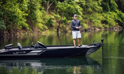 Fisherman Standing on Lowe Stinger 198 Aluminum Bass Boat, Starboard View, Boat Anchored