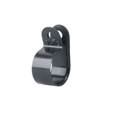 Black cable clamp with holed mount, smooth surface, and curved shape for securing cables and wires efficiently.