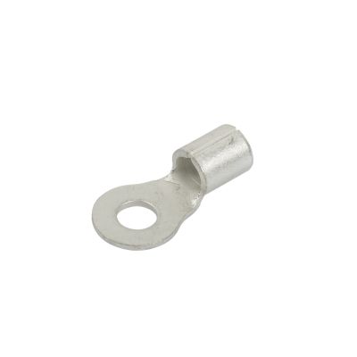 Non-insulated copper tin plated ring terminal with circular hole and cylindrical connector for electrical applications.