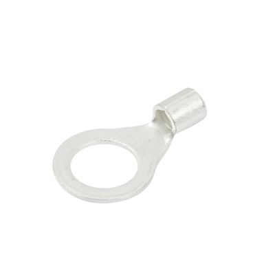 Non-insulated copper tin plated ring terminal for electrical connections, featuring a circular opening and sturdy metal finish.