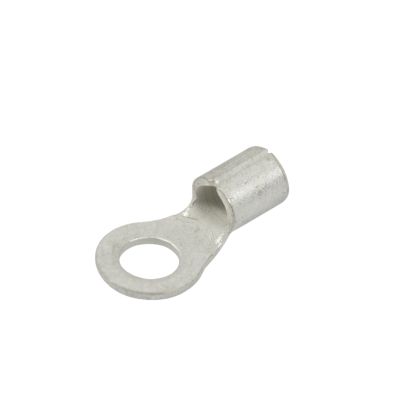 Non-insulated copper tin-plated ring terminal with a circular hole for secure electrical connections.